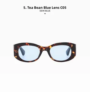 Close-up of retro oval sunglasses with demi blue frame and light blue lenses