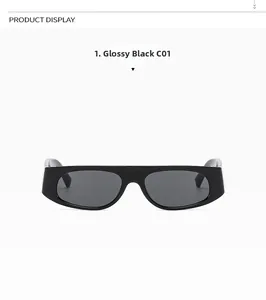 Detail view of bright black punk style flat top sunglasses with dark grey lenses