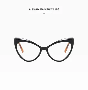 Detailed view of cat-eye frames in glossy black with translucent brown temples
