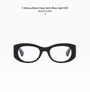 Detail of wide black frame glasses featuring anti-blue light clear lenses and C07 model design