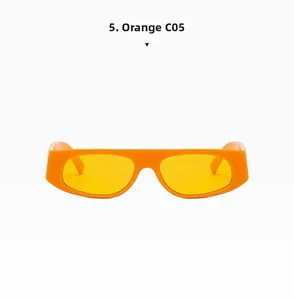Close-up of bright orange flat top square sunglasses with transparent yellow lenses