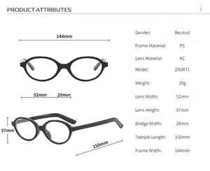 Detailed size chart for retro oval glasses frame showing frame and temple measurements