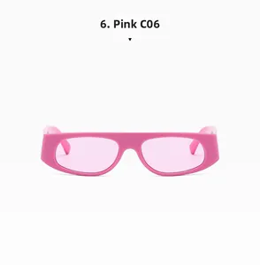 Detailed view of Y2K style retro pink rectangle sunglasses with pink lenses and frames