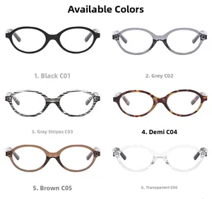 Detailed grid showing six stylish color options for oval full-rim anti-blue light glasses
