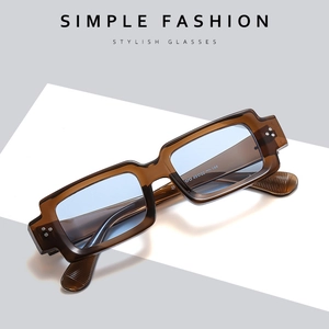 Retro rectangle sunglasses with brown tea frames and light blue lenses for street fashion