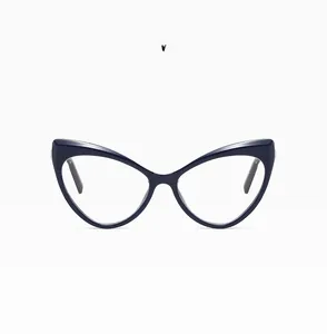 Close-up of stylish deep blue cat-eye glasses frames with glossy finish for women