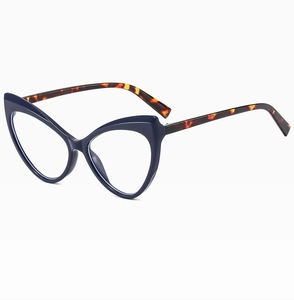 Detail view of cat-eye blue frame with tortoiseshell temples for Y2K fashion glasses