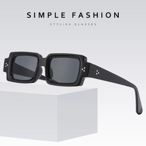 Classic black square frame sunglasses with silver rivet accents and dark grey lenses