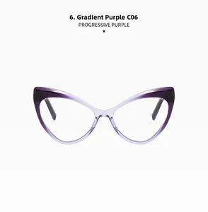 Detail showing high-quality progressive purple cat-eye frames with smooth hinges