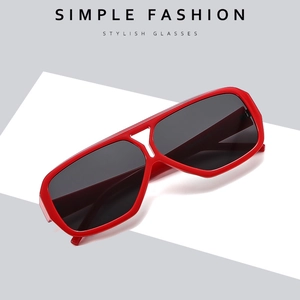 Retro square double bridge sunglasses with red frame and dark grey lenses for women