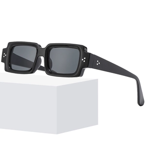 Retro small square frame sunglasses with black frame and silver rivets on white base
