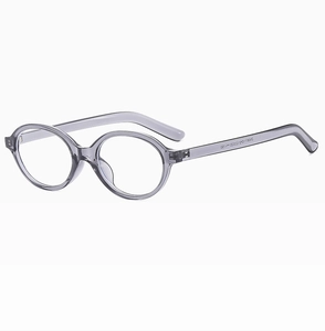 Detailed close-up of transparent gray round eyeglass frame showing inner temple specifications