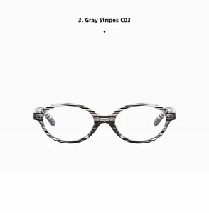 Detail view of oval gray bars patterned eyeglasses frame in retro minimalist style