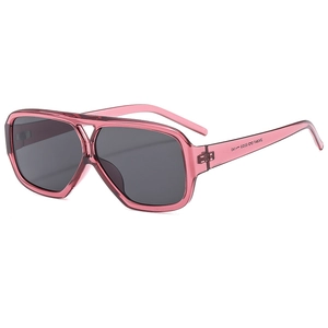 Retro square double bridge sunglasses with transparent pink frames and grey lenses