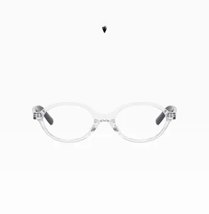 Detail shot of transparent oval eyeglass frames with black temple tips, C06 model