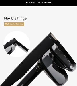 Close-up of flexible metal hinges and high quality painting on square frame sunglasses
