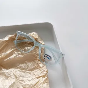 Detail of light blue square kids frames with photochromic anti-blue light lenses