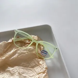 Detail of light green square frames with photochromic and blue light blocking lenses