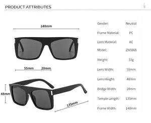 Detailed size guide and product attributes for large square frame PC sunglasses ZN3868