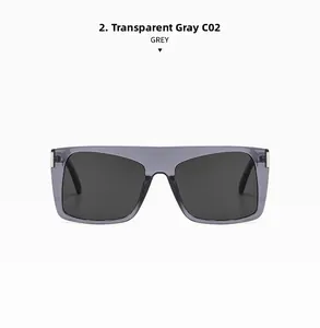 Macro detail of square transparent grey sunglasses frame and C02 dark lenses
