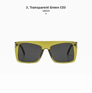 Detail of square green sunglasses frames with metallic accents and dark gray lenses