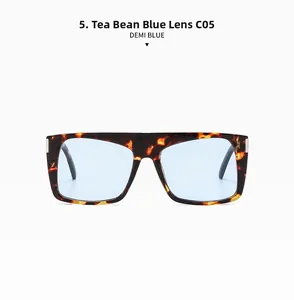 Close-up of demi blue oversized square sunglasses with blue lenses and tortoise frame