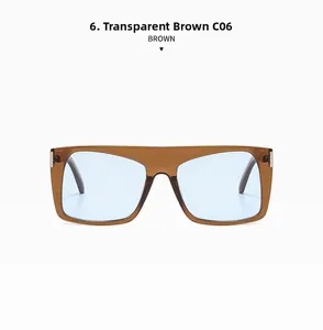Detailed front view of oversized square sunglasses in transparent tea brown with blue lenses