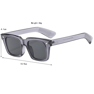 Square frame gray unisex sunglasses with silver rivets and dimension specs, 36g weight