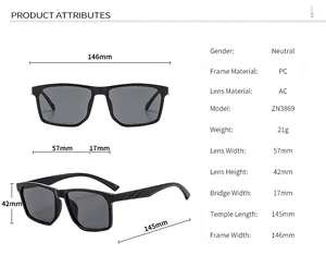 Detailed size chart and technical specifications for square frame unisex sunglasses