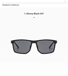 Detail of glossy black square frame sunglasses with dark grey lenses on white background