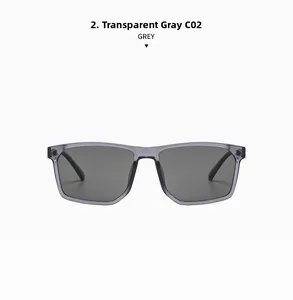 Detail view of transparent grey square frames and dark grey lenses for fashion sunglasses