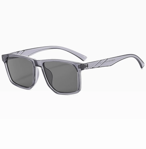 Detail shot of ZN3889 square gray sunglasses featuring textured anti-slip temples
