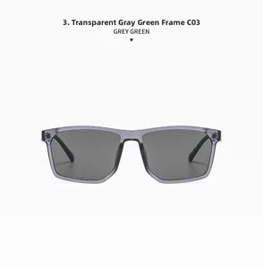 Detail of square sunglasses with transparent grey green temples and dark grey lenses