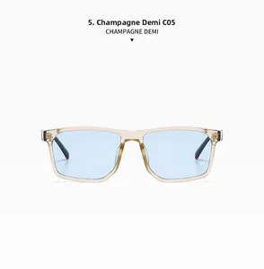 Detail view of champagne square frames with blue lenses and tortoise temple tips