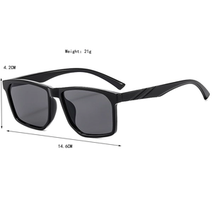 Classic black square frame sunglasses with dark grey lenses and dimensions 14.6cm x 4.2cm