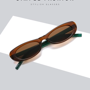 Modern cat eye sunglasses with brown and green transparent frames on geometric background