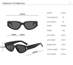 Detailed size chart for cat eye sunglasses with precise frame and lens measurements