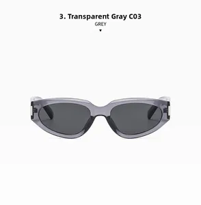 Detail view of stylish transparent grey cat eye sunglasses with dark grey lenses C03