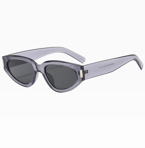 Detail shot of transparent grey cat eye sunglasses with metal hinge and sizing info