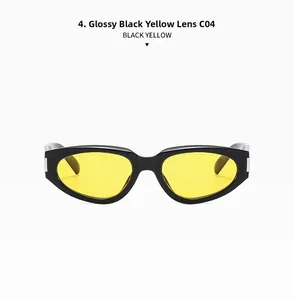 Detail view of model C04 cat-eye sunglasses with bright black frame and yellow lenses