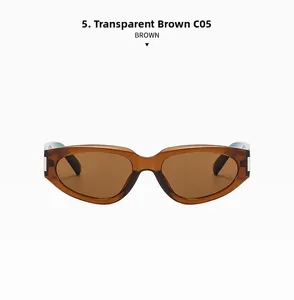 Detailed side view of transparent tea cat-eye sunglasses with sleek amber frames