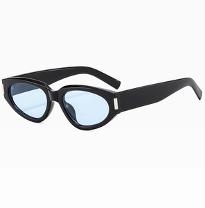 Detailed close-up of cat-eye sunglasses with black frames and light blue lenses