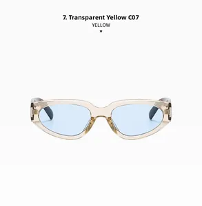Detail of transparent yellow cat-eye sunglasses featuring light blue tinted lenses