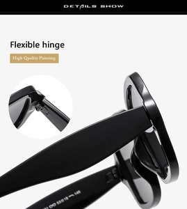 Détail de la charnière flexible et de la structure sur lunettes de soleil carrées