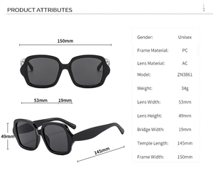Dimensions détaillées pour lunettes de soleil vintage carrées avec monture en PC