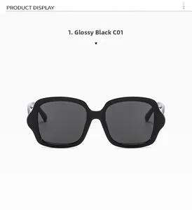 Vue de face de grandes lunettes de soleil carrées noires avec verres gris modèle C01
