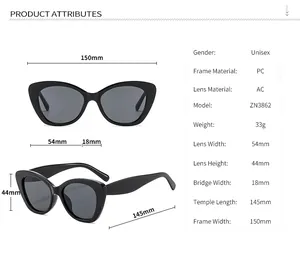 Detailed size chart for purple cat-eye sunglasses including frame and lens measurements