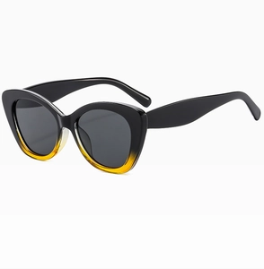 Detail of elegant cat eye sunglasses featuring black and yellow gradient frames