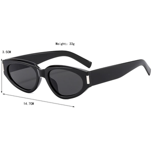 Chic black cat eye sunglasses with silver metal accents and detailed dimension measurements