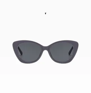 Close-up of grey cat-eye sunglasses with thick frames and dark grey lenses for women